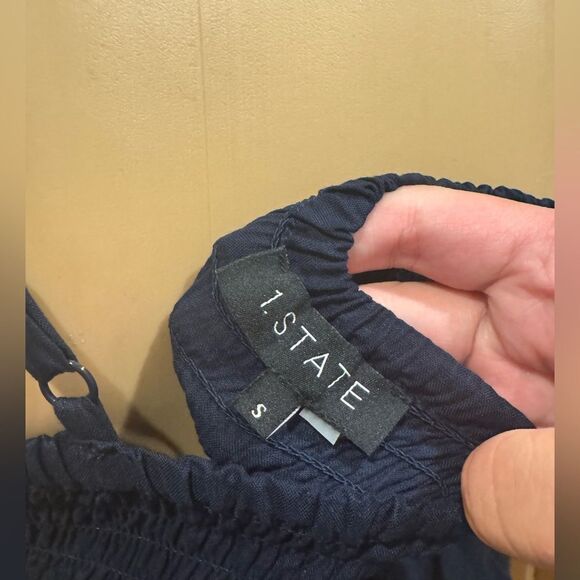 1. State Navy Blue Spaghetti Strap Boho Summer Maxi Dress Lace trim Sz S - Picture 8 of 8